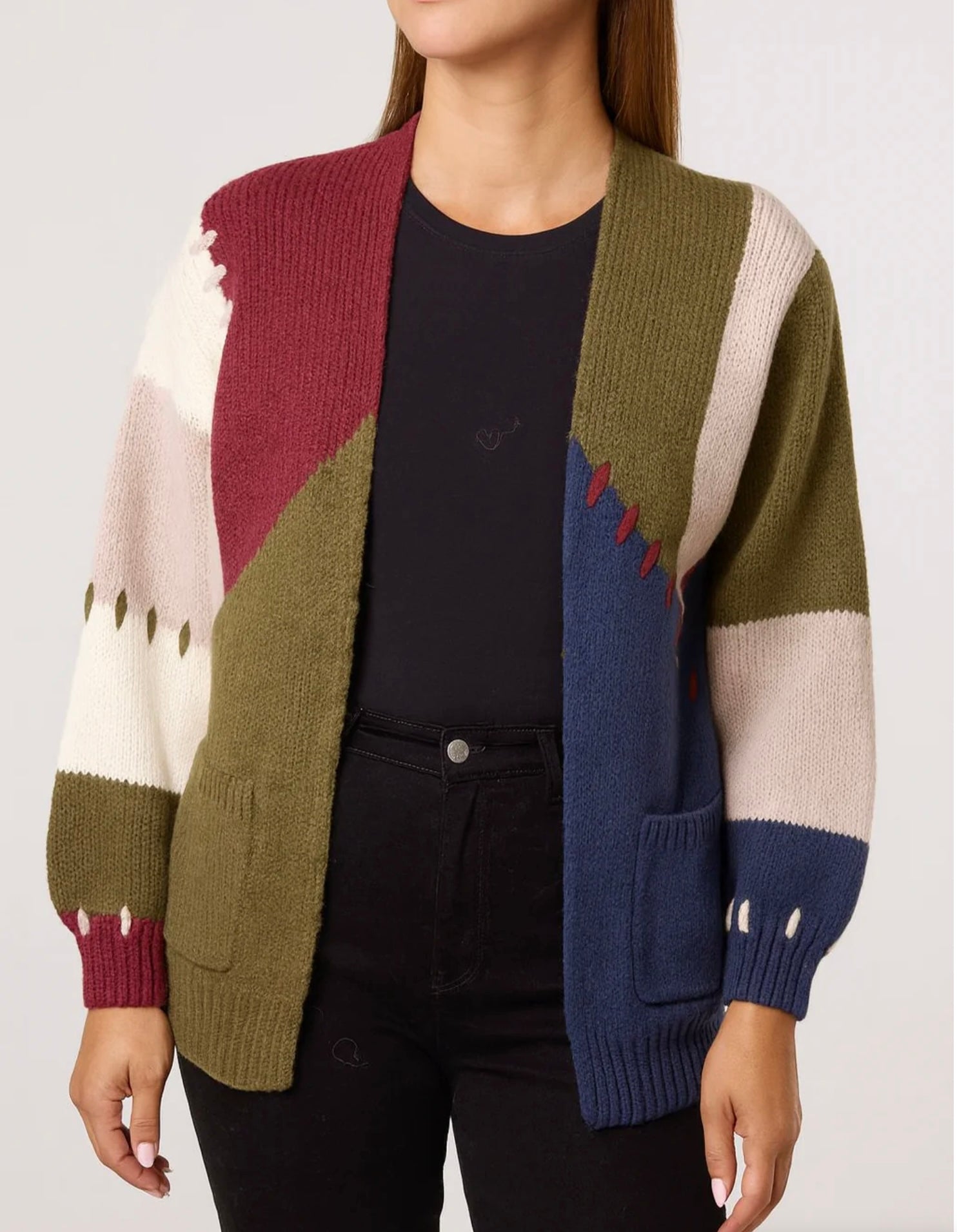 Blanket Stitched Colour Block Cardigan
