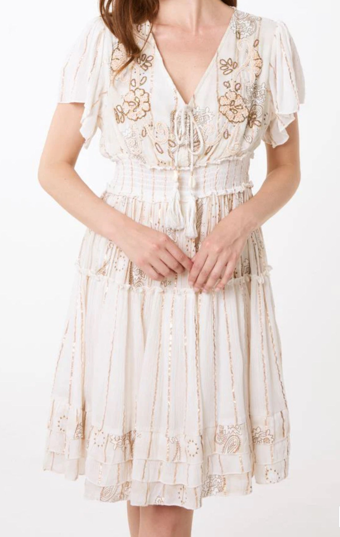 Embellished gold floral tiered mini dress