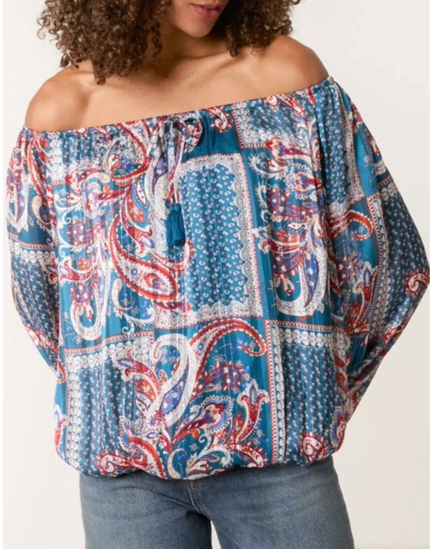 Paisley Print Bardot Puffball Blouse