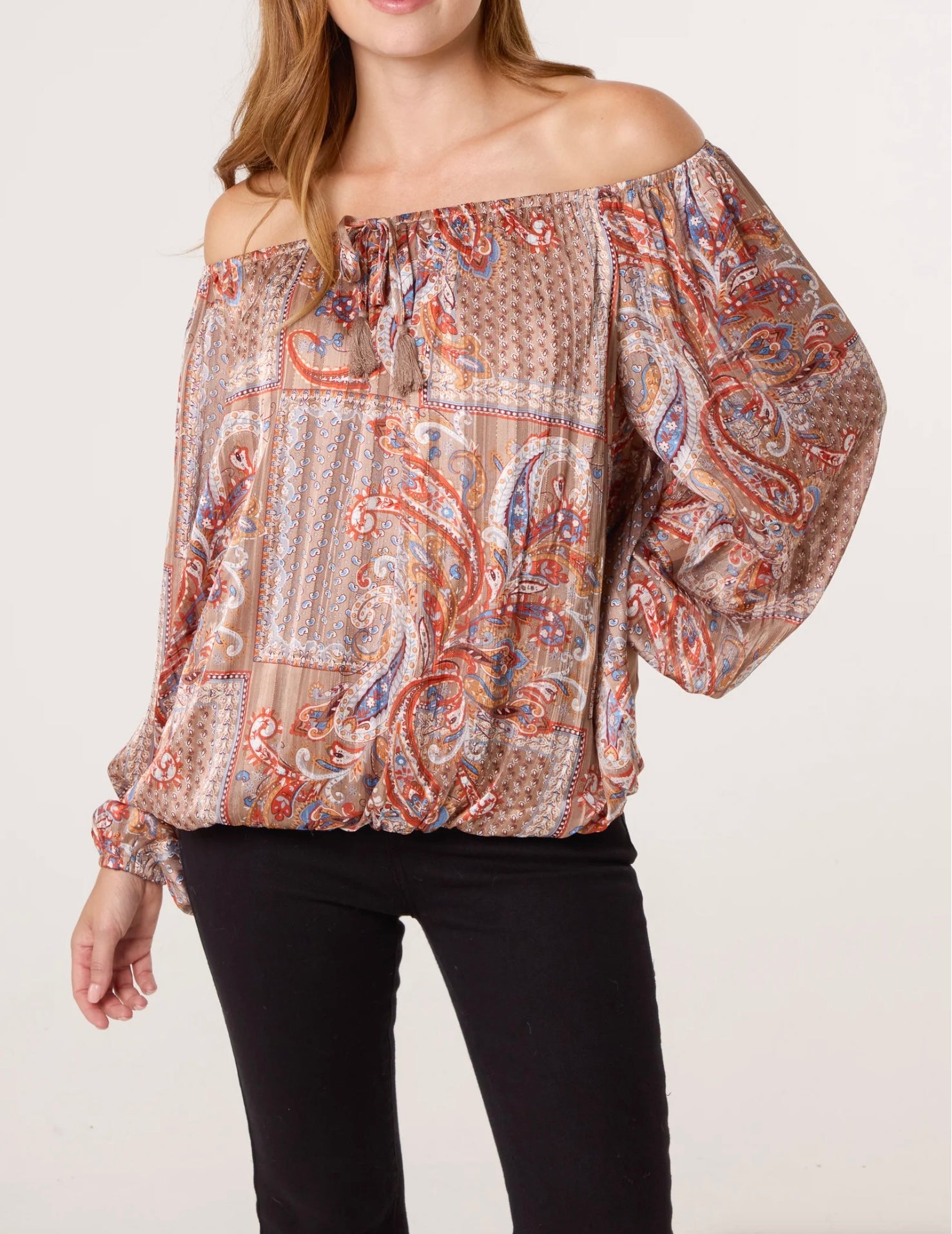 Paisley Print Bardot Puffball Blouse
