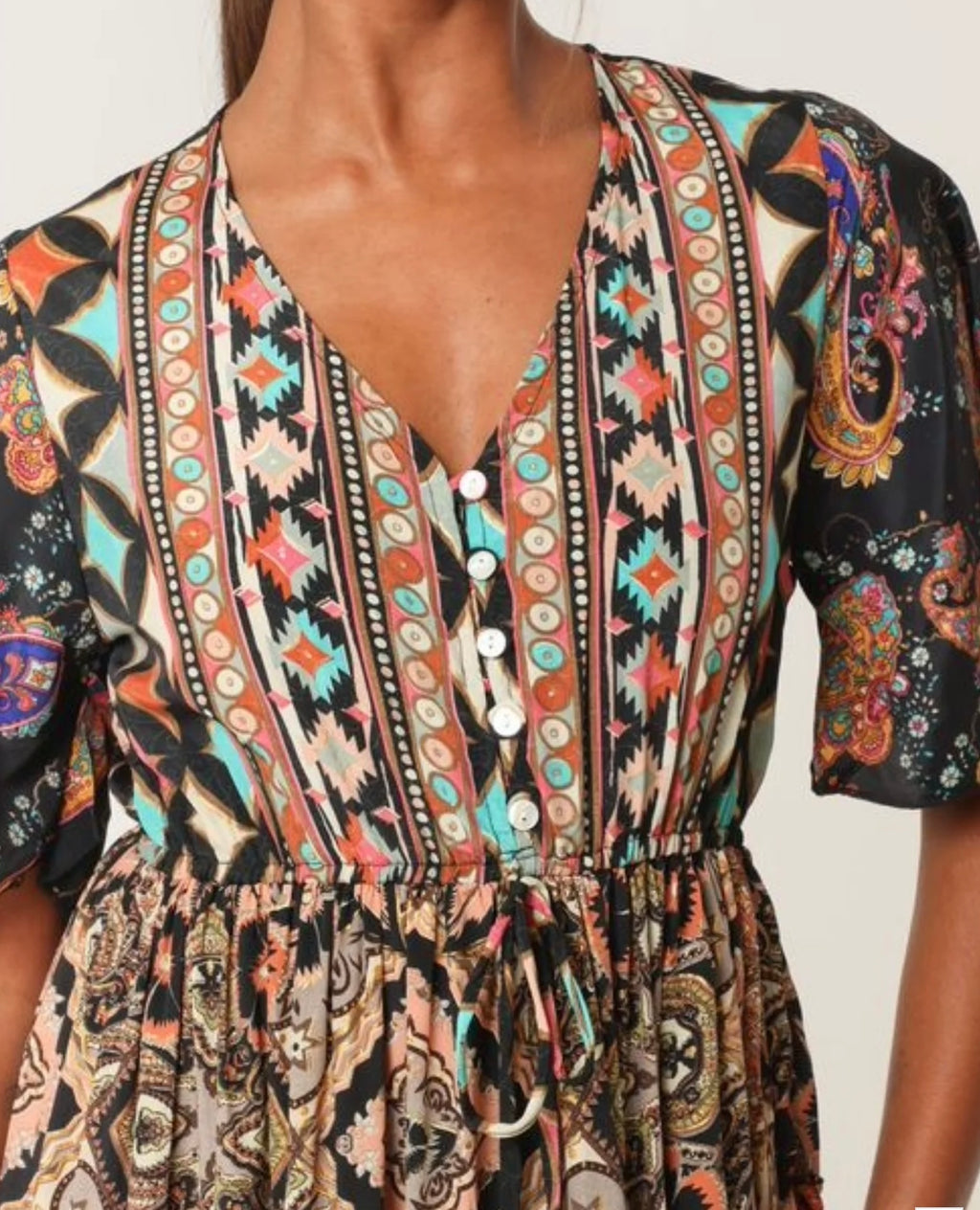 Multi Print Angel Sleeve Button Dress