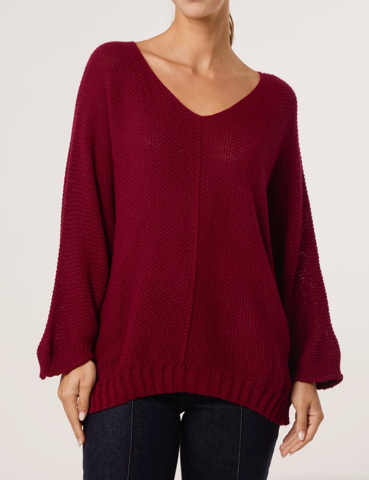 V Neck Textured Batwing Jumper