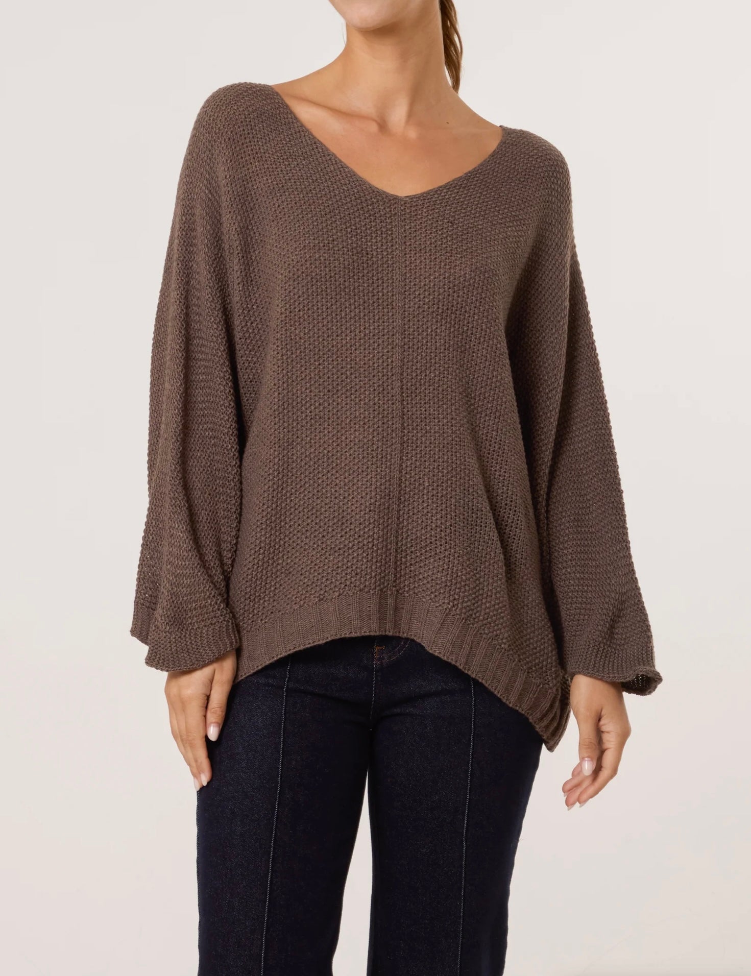 V Neck Textured Batwing Jumper