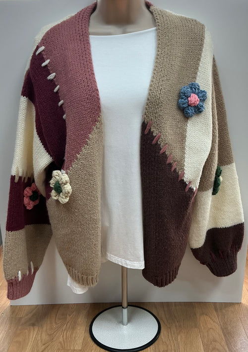 Blanket Stitch Flowered Colour Block Cardigan