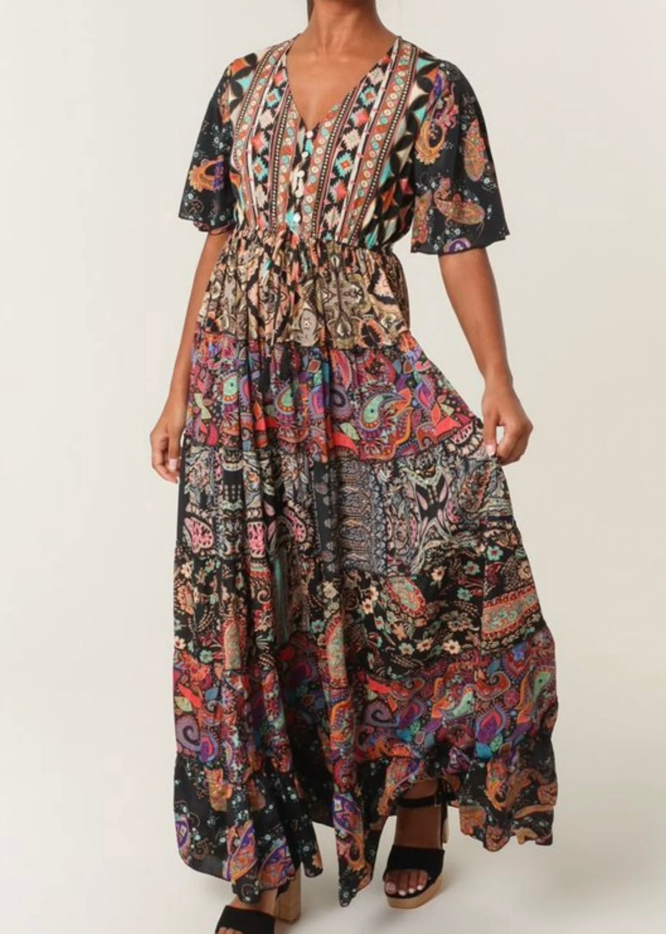 Multi Print Angel Sleeve Button Dress
