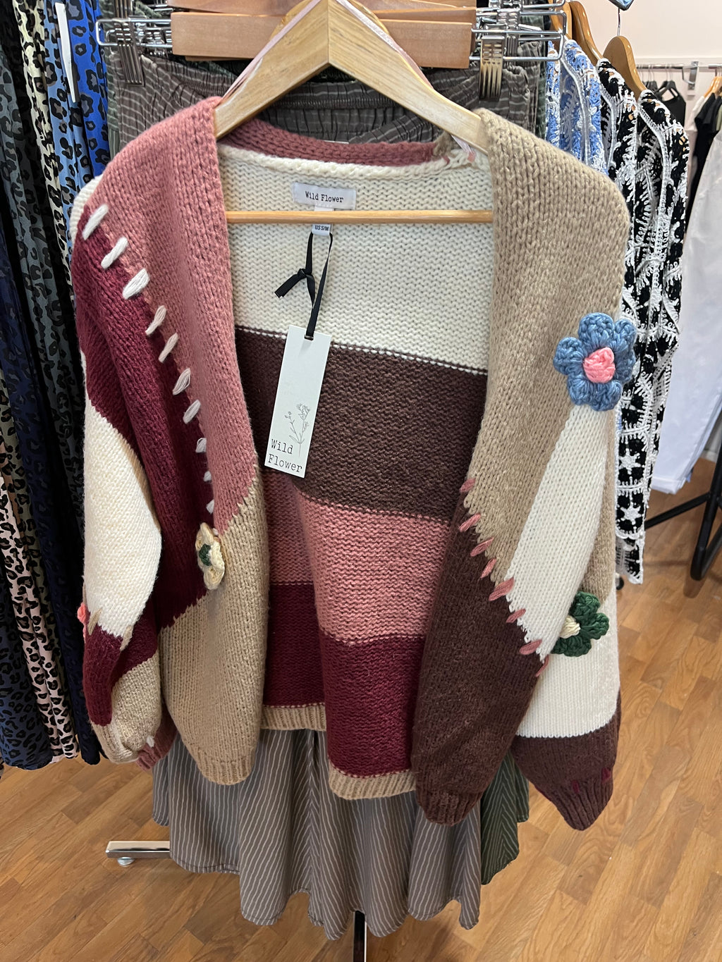 Blanket Stitch Flowered Colour Block Cardigan